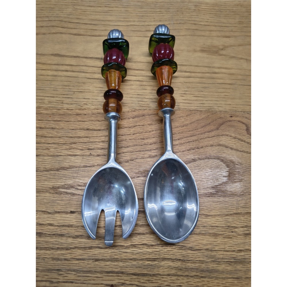 Art Glass Beaded Handle 11" Salad Servers Red Black Animal Ivory Ebony